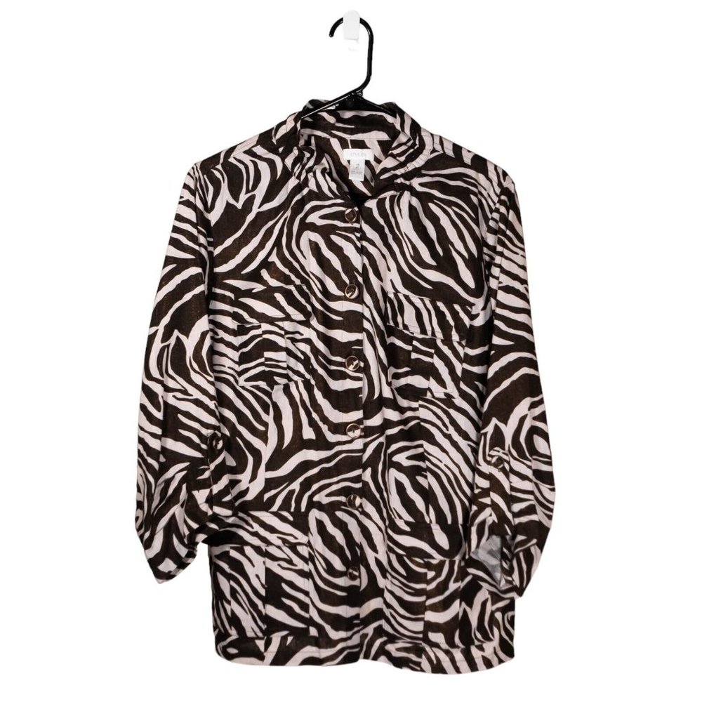 Chico's Womens Jacket Brown Beige Animal Print Linen Blend Button Glitter 2 L/12